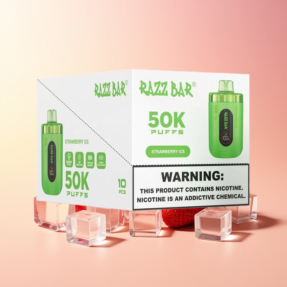 Razz Bar 50K Pufi Vape Jagoda Led 1.0 Ohm Mesh Coil 2% Nikotina