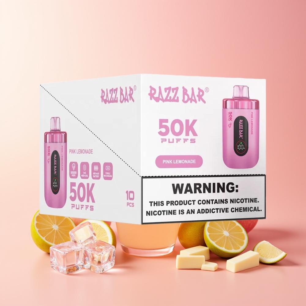 Razz Bar 50K Pufov Dispozabilni Vape Rožnati Limonada 1.0 Ohm Mesh Coil 2% Nikotin